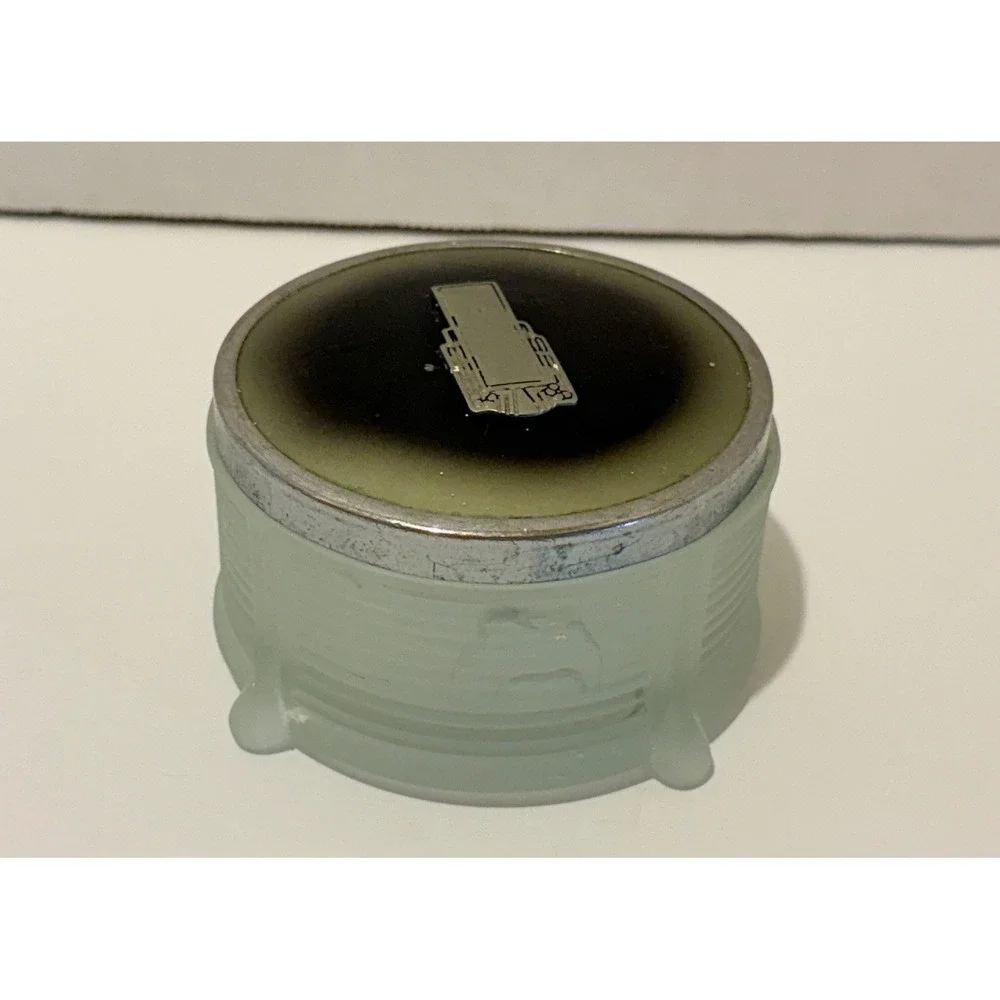 Vintage Art Deco Powder Jar Frosted Glass Metal Lid Skyscraper Vanity Trinket